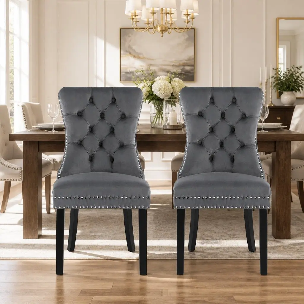 Set of 2 Grey Velvet Upholstered Dining Chairs
