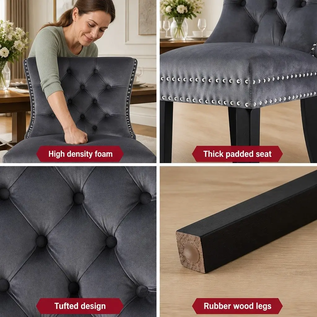 Set of 2 Grey Velvet Upholstered Dining Chairs
