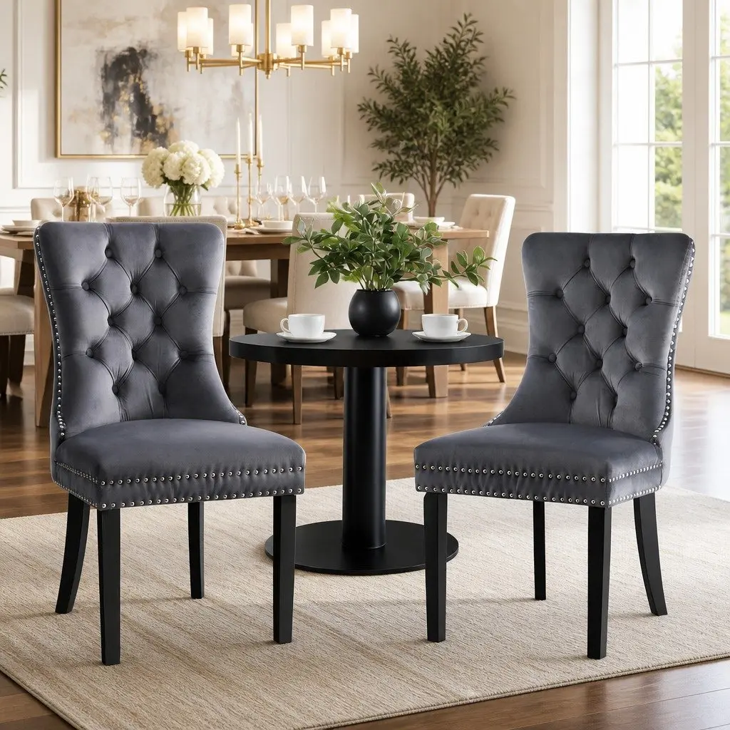 Set of 2 Grey Velvet Upholstered Dining Chairs
