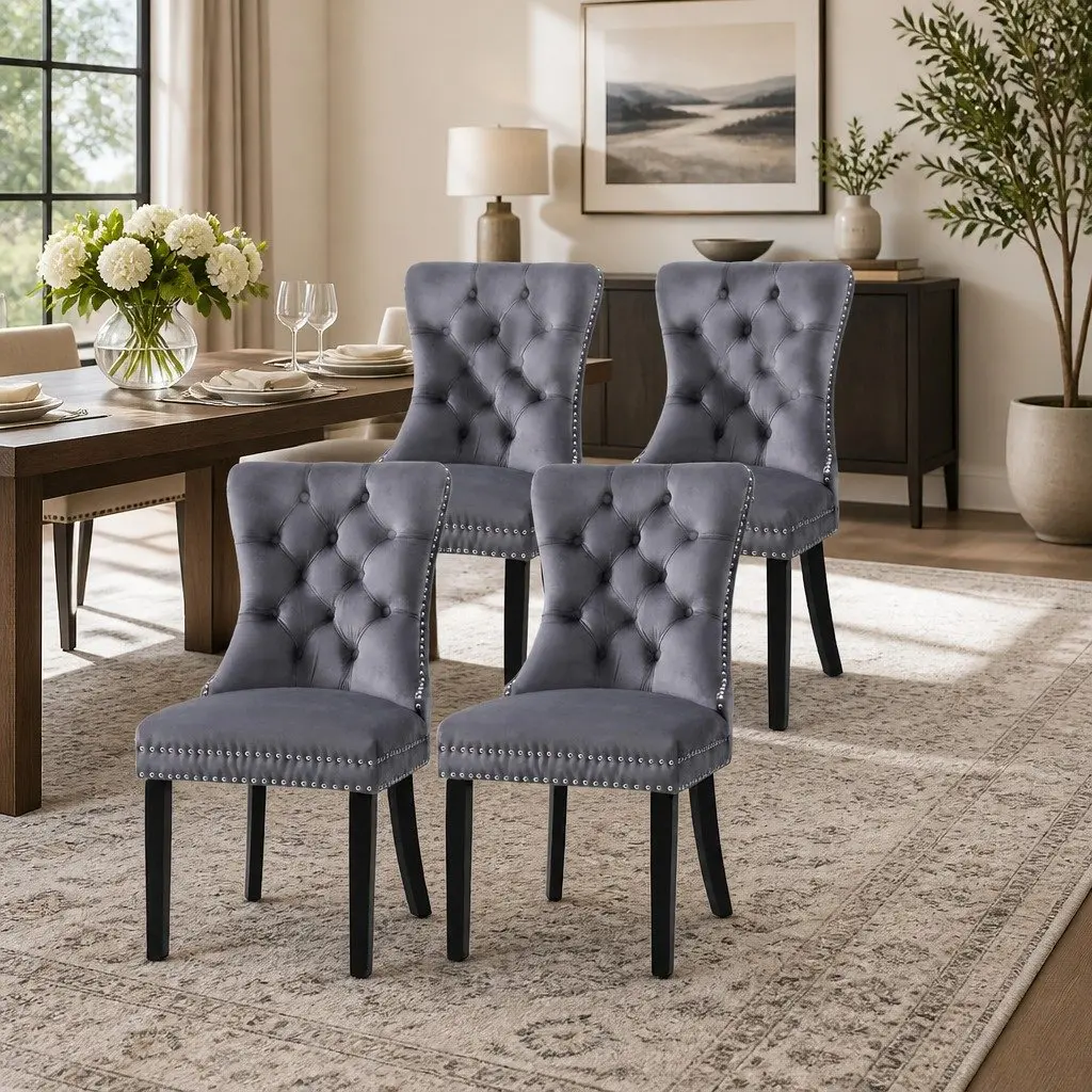 Dining Chairs Grey Velvet Button Tufted 4 Piece Rubberwood