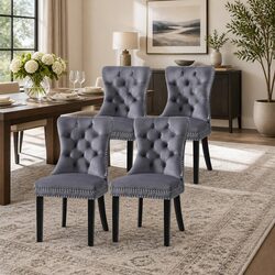Set of 4 Grey Velvet Dining Chairs with Button Tufting