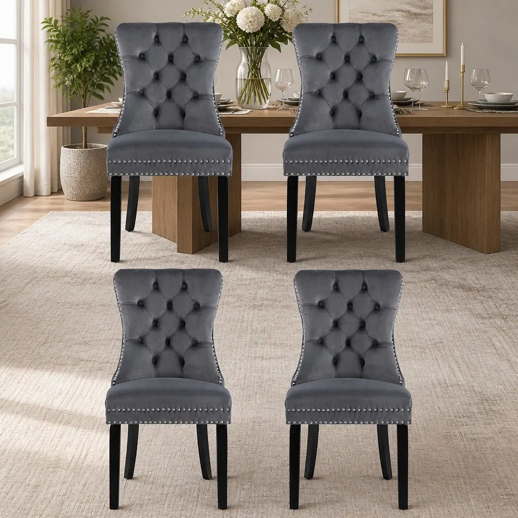 Dining Chairs Grey Velvet Button Tufted 4 Piece Rubberwood