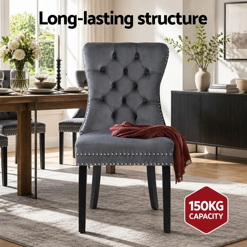 Dining Chairs Grey Velvet Button Tufted 4 Piece Rubberwood