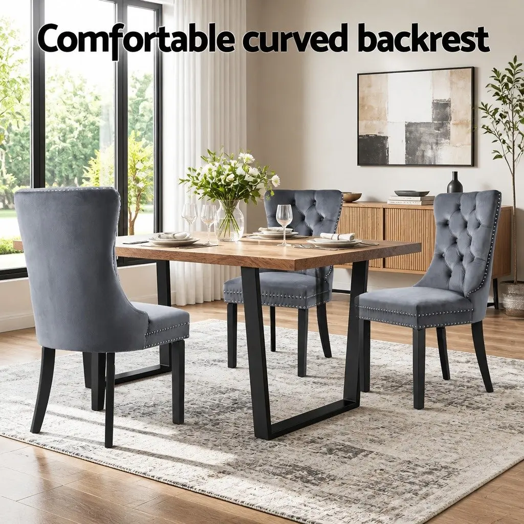 Dining Chairs Grey Velvet Button Tufted 4 Piece Rubberwood