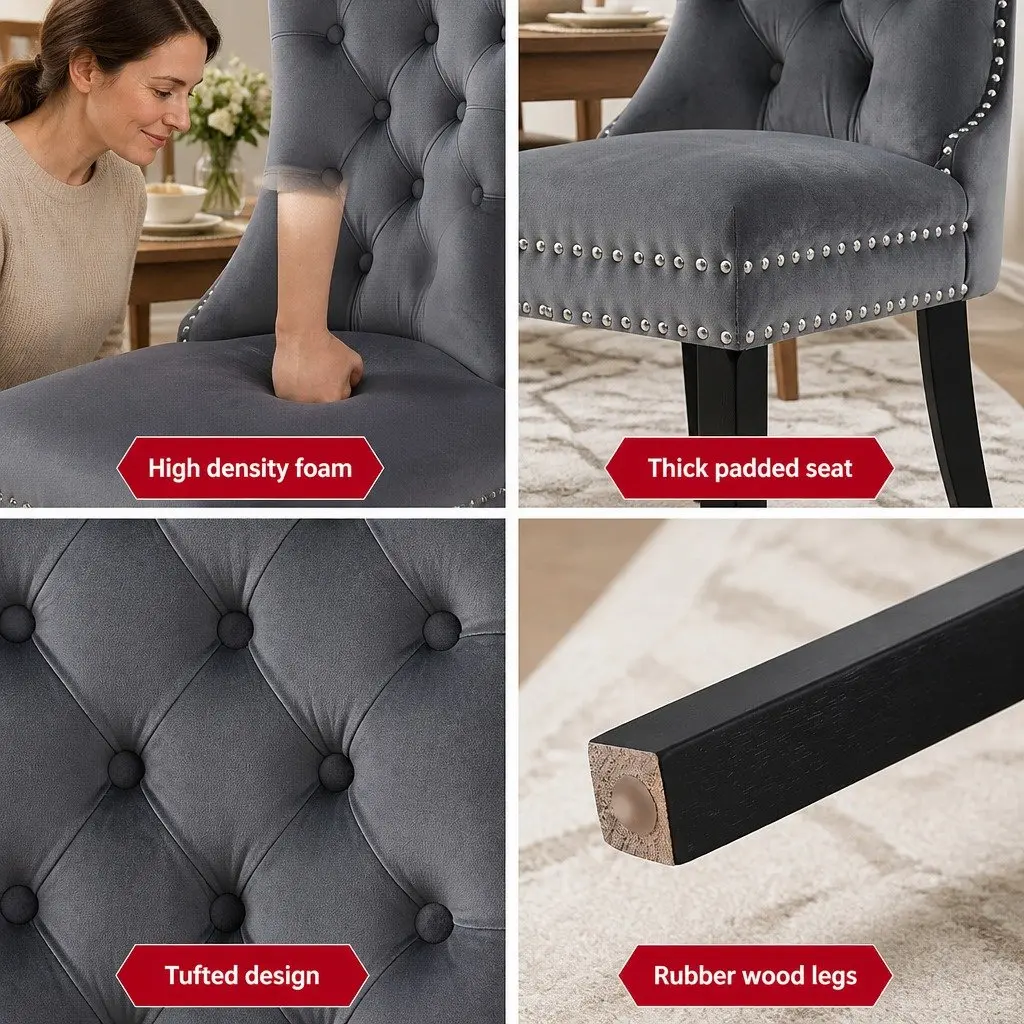 Dining Chairs Grey Velvet Button Tufted 4 Piece Rubberwood