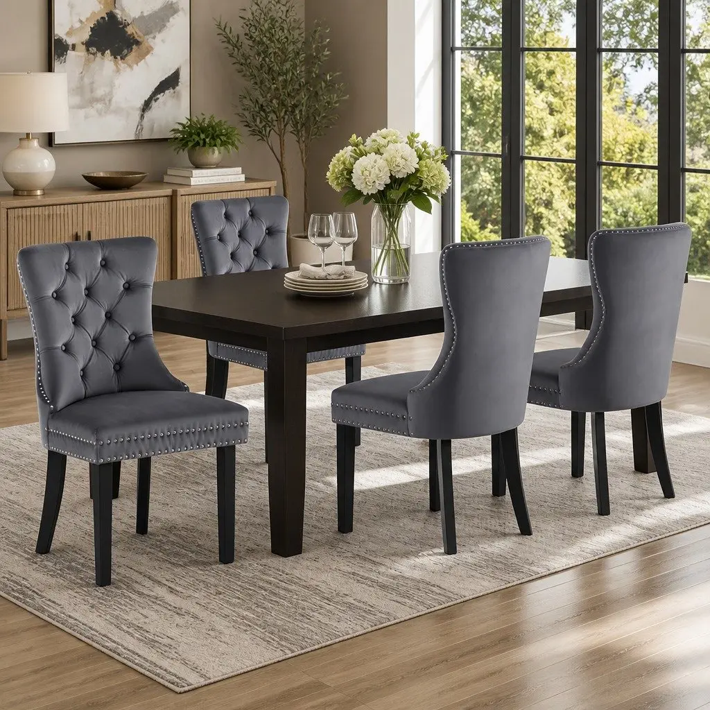Dining Chairs Grey Velvet Button Tufted 4 Piece Rubberwood