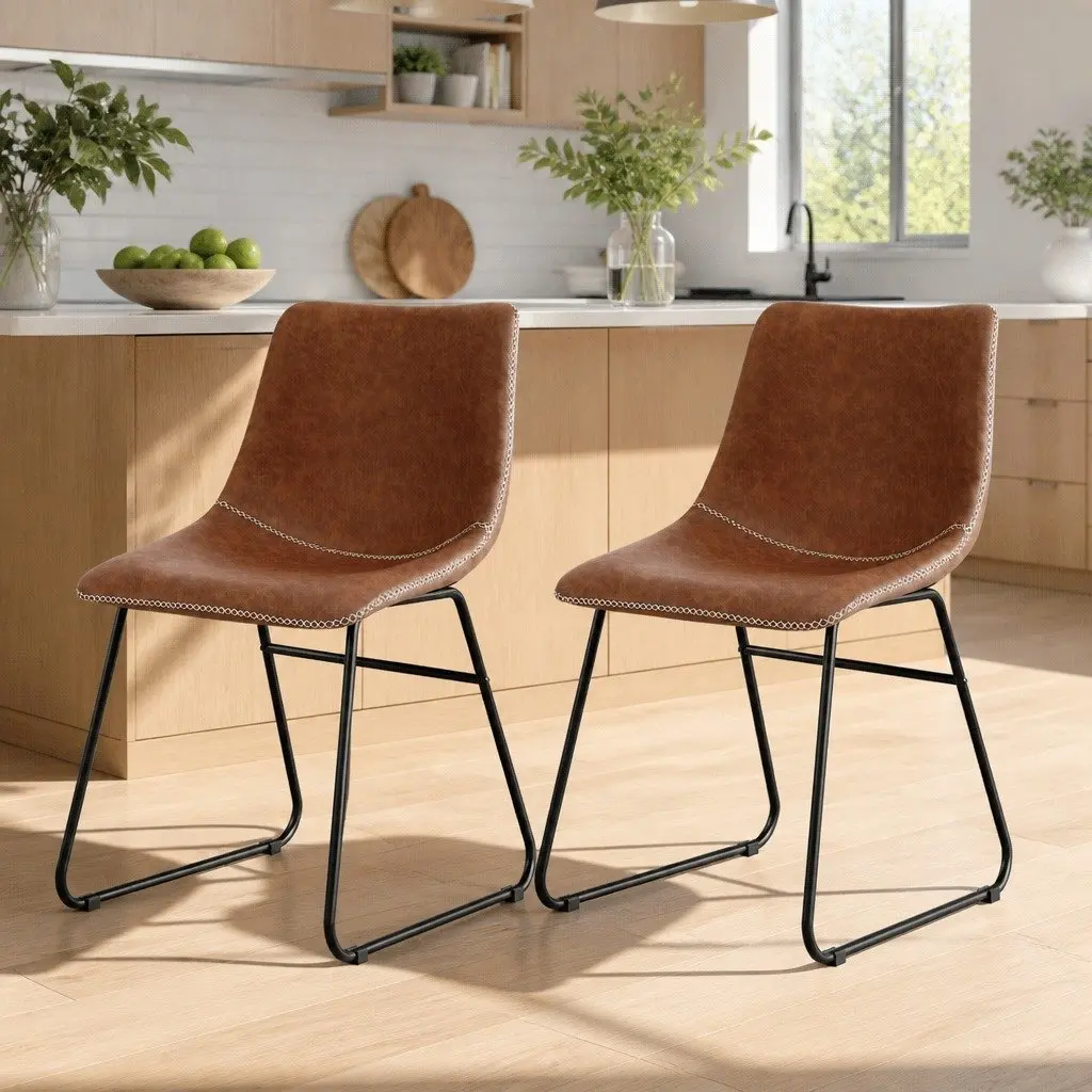 Dining Chairs Retro Brown PU Leather Sled Legs 2 Piece