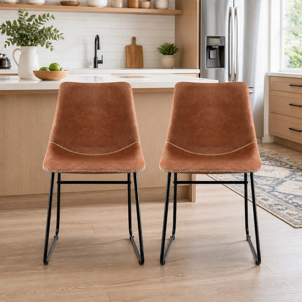 Dining Chairs Retro Brown PU Leather Sled Legs 2 Piece