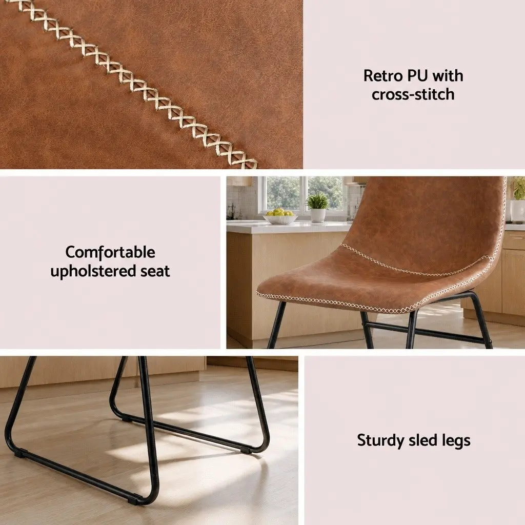 Dining Chairs Retro Brown PU Leather Sled Legs 2 Piece