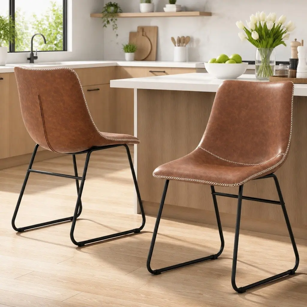 Dining Chairs Retro Brown PU Leather Sled Legs 2 Piece