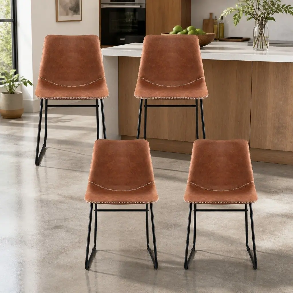 Dining Chairs Retro Brown Padded Backrest Set of 4 PU Leather Metal