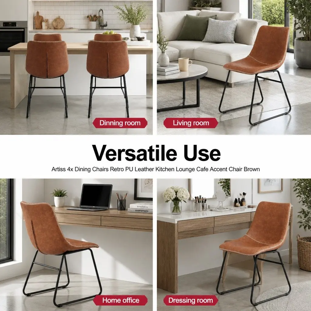 Dining Chairs Retro Brown Padded Backrest Set of 4 PU Leather Metal