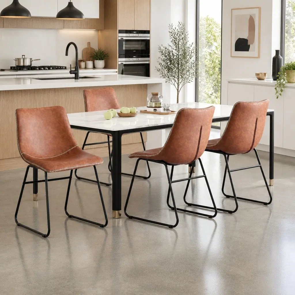 Dining Chairs Retro Brown Padded Backrest Set of 4 PU Leather Metal