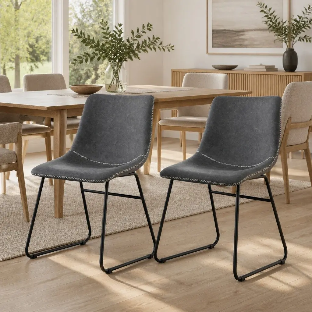 Retro Dining Chairs Set of 2 PU Leather Kitchen Lounge Accent Seating Grey