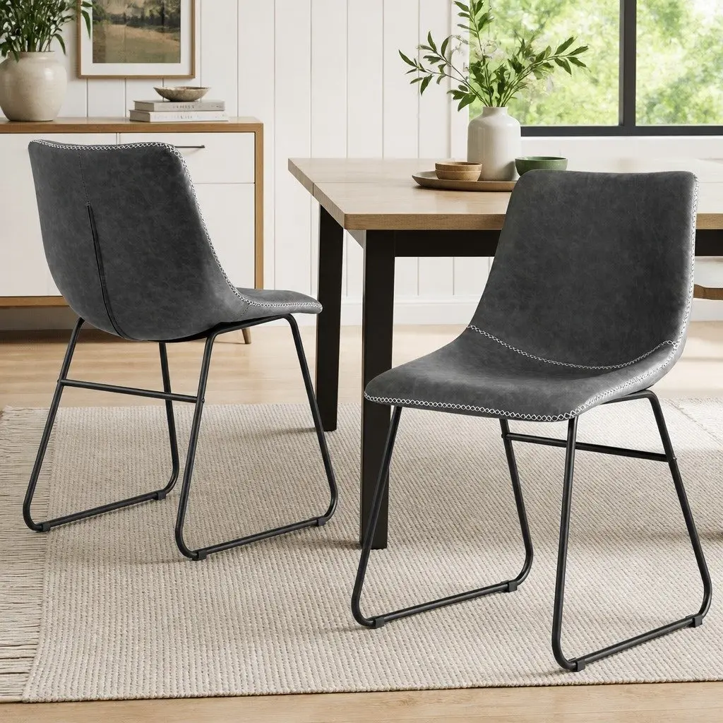 Retro Dining Chairs Set of 2 PU Leather Kitchen Lounge Accent Seating Grey