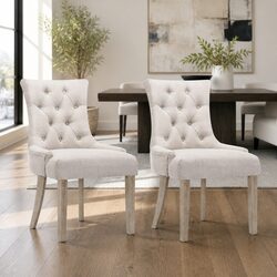 Set of 2 French Provincial Beige Linen Dining Chairs