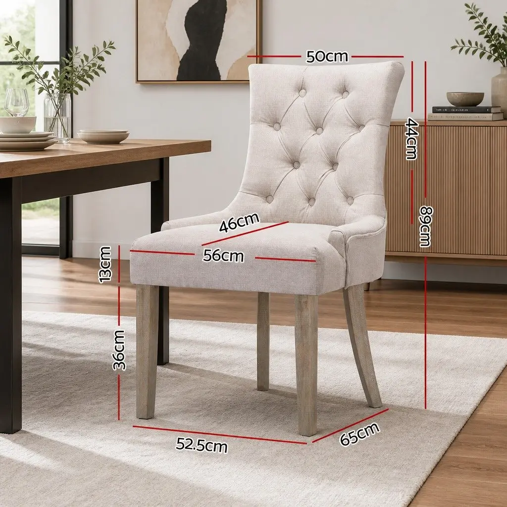 Dining Chairs French Provincial Tufted Button Beige Linen Seat Set of 2
