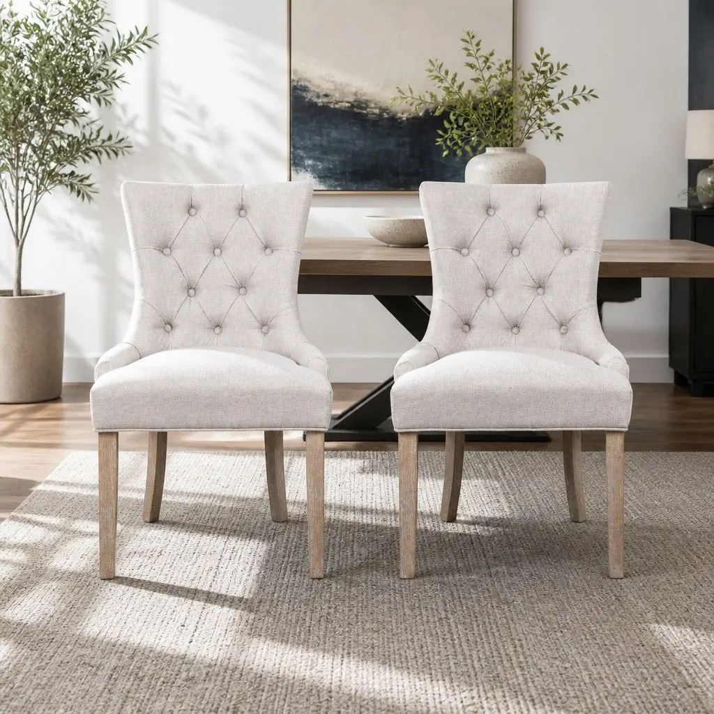 Dining Chairs French Provincial Tufted Button Beige Linen Seat Set of 2