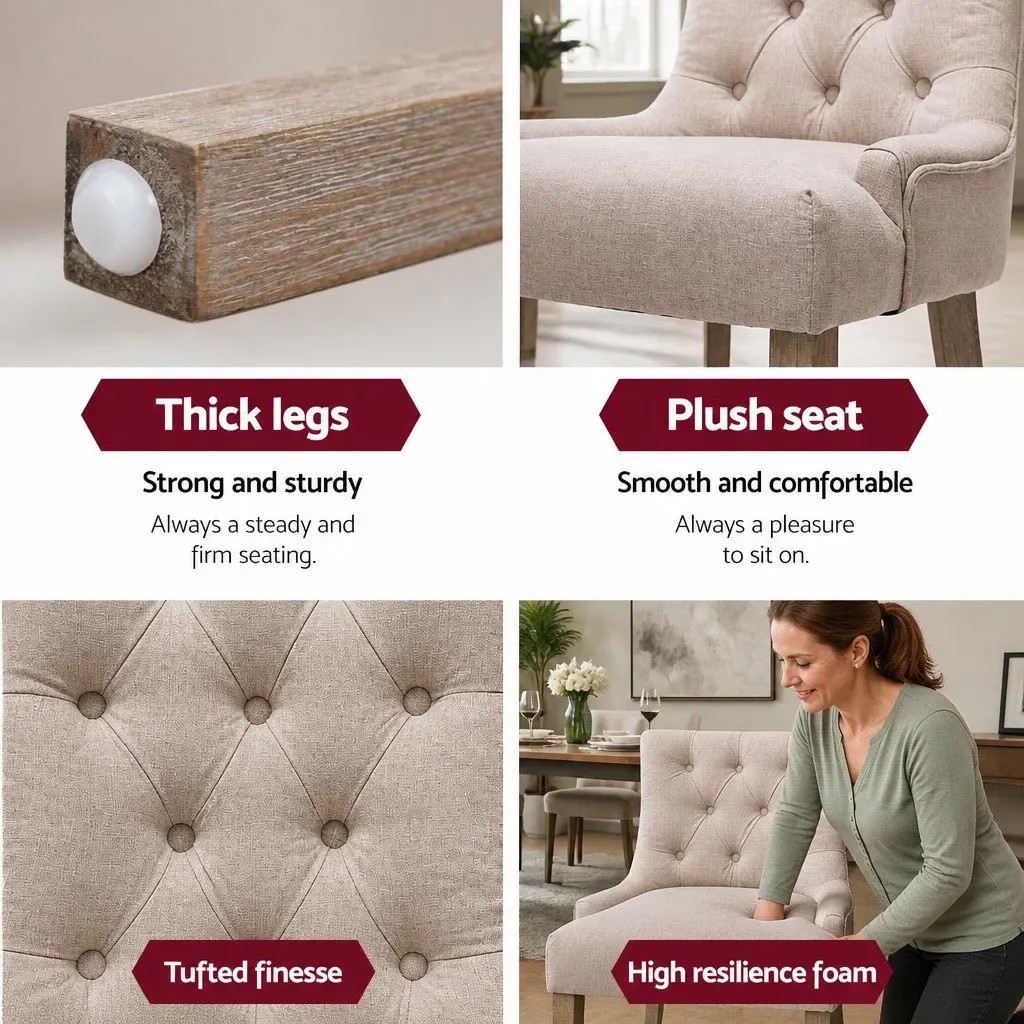 Dining Chairs French Provincial Tufted Button Beige Linen Seat Set of 2