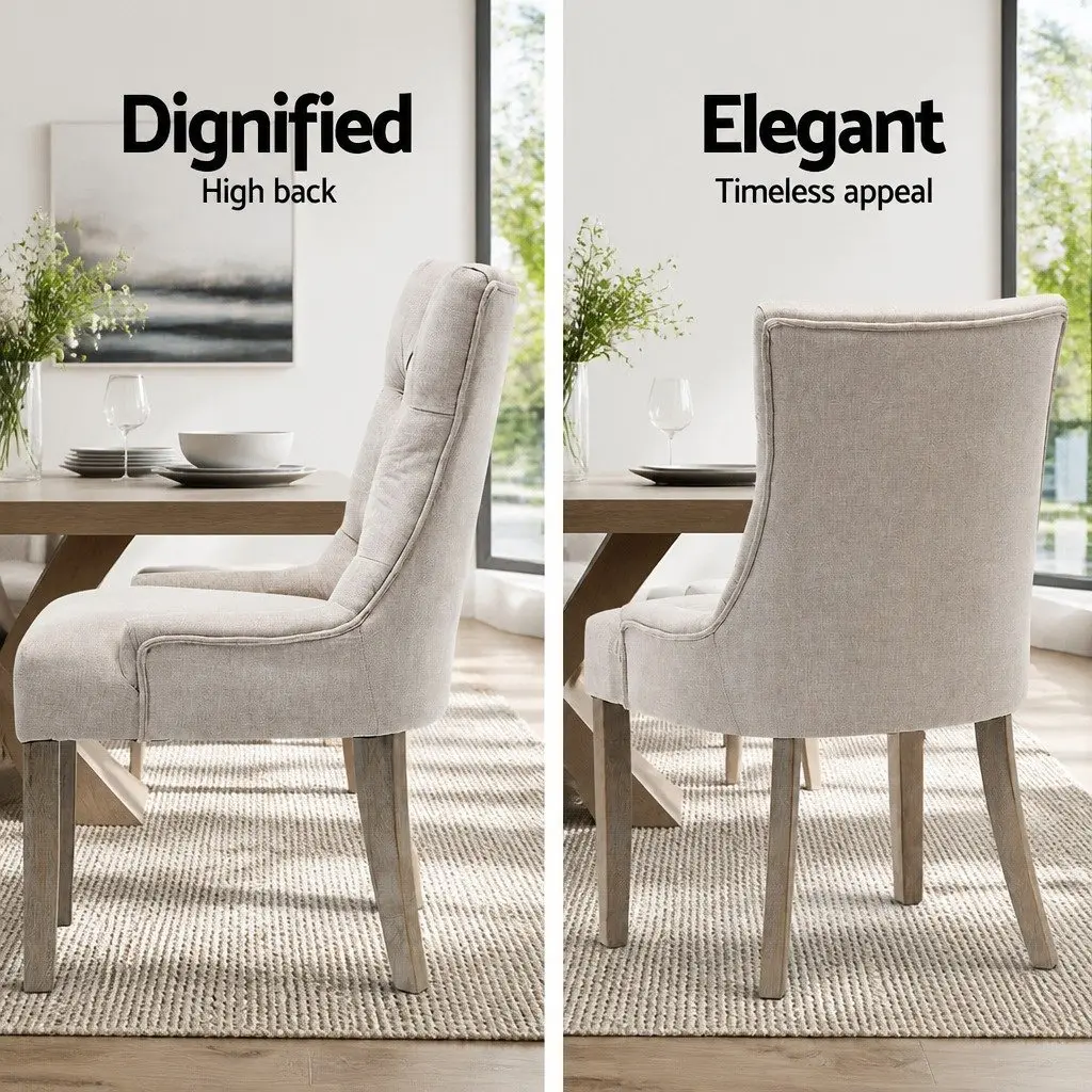 Dining Chairs French Provincial Tufted Button Beige Linen Seat Set of 2