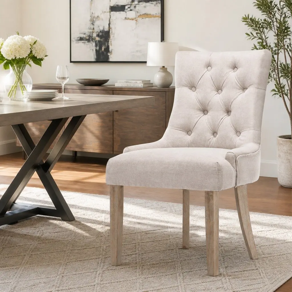 Dining Chairs French Provincial Tufted Button Beige Linen Seat Set of 2