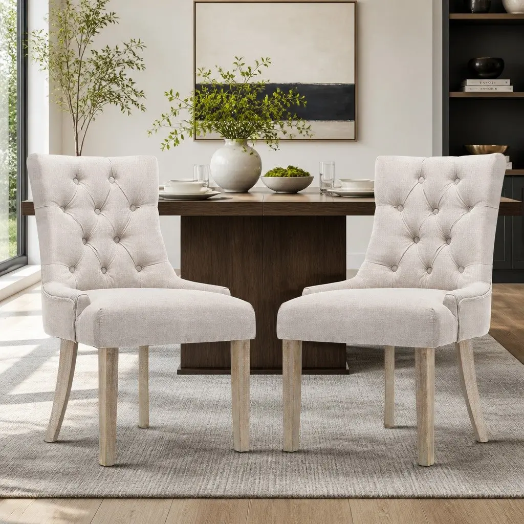 Dining Chairs French Provincial Tufted Button Beige Linen Seat Set of 2