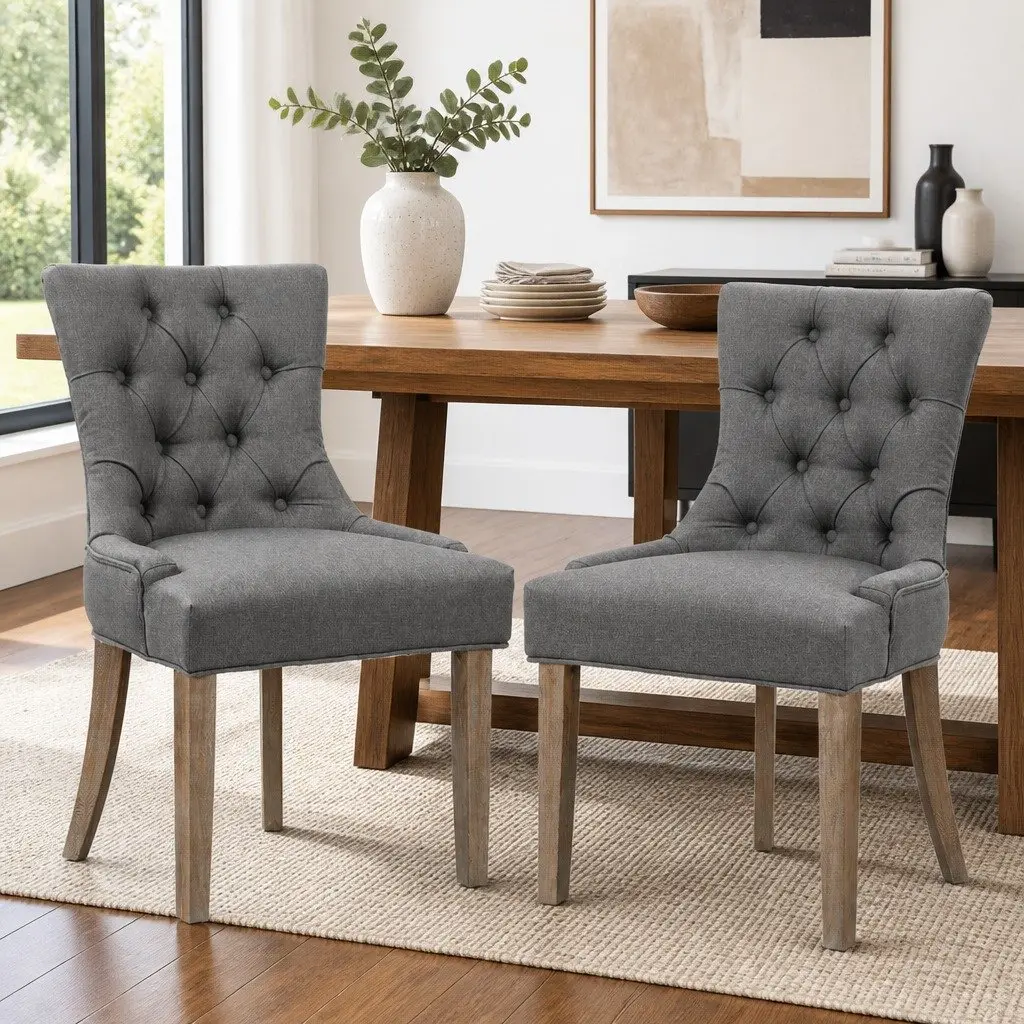 Set of 2 French Provincial Linen Dining Chairs