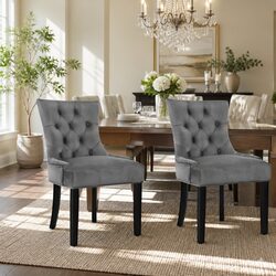 Set of 2 Grey Velvet Tufted Dining Chairs