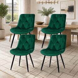 Set of 4 Green Velvet Dining Chairs with Diamond Tufting