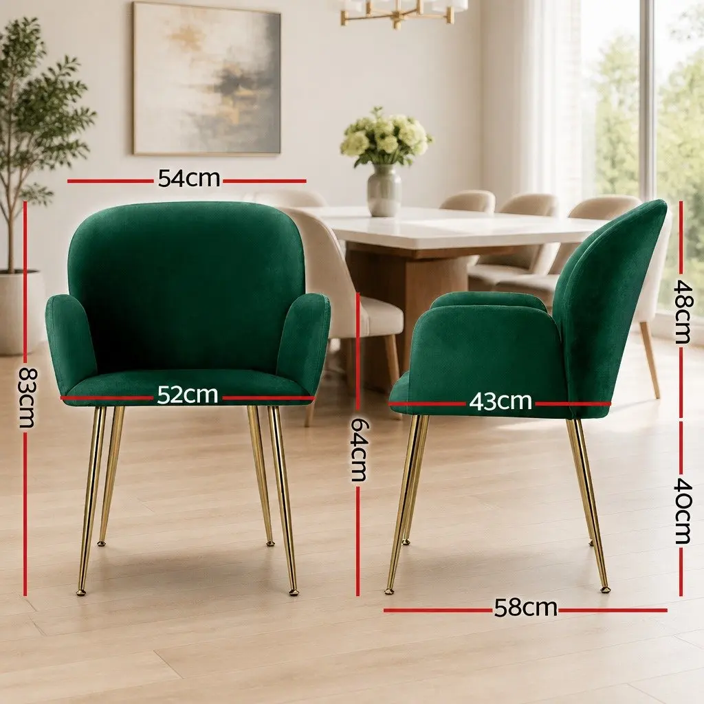 Dining Chairs Velvet Armchair Green Cushioned Back Support Steel Legs 2 Piece