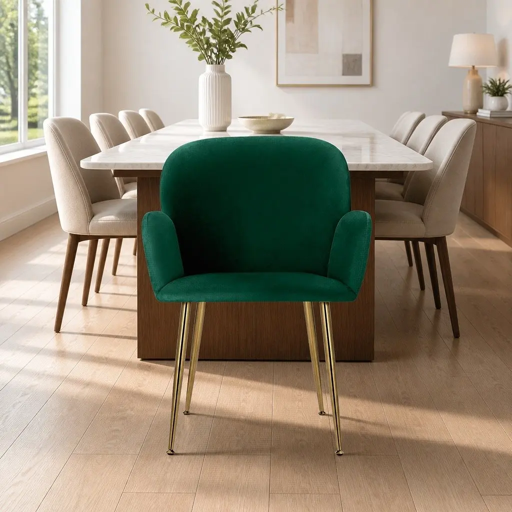 Dining Chairs Velvet Armchair Green Cushioned Back Support Steel Legs 2 Piece