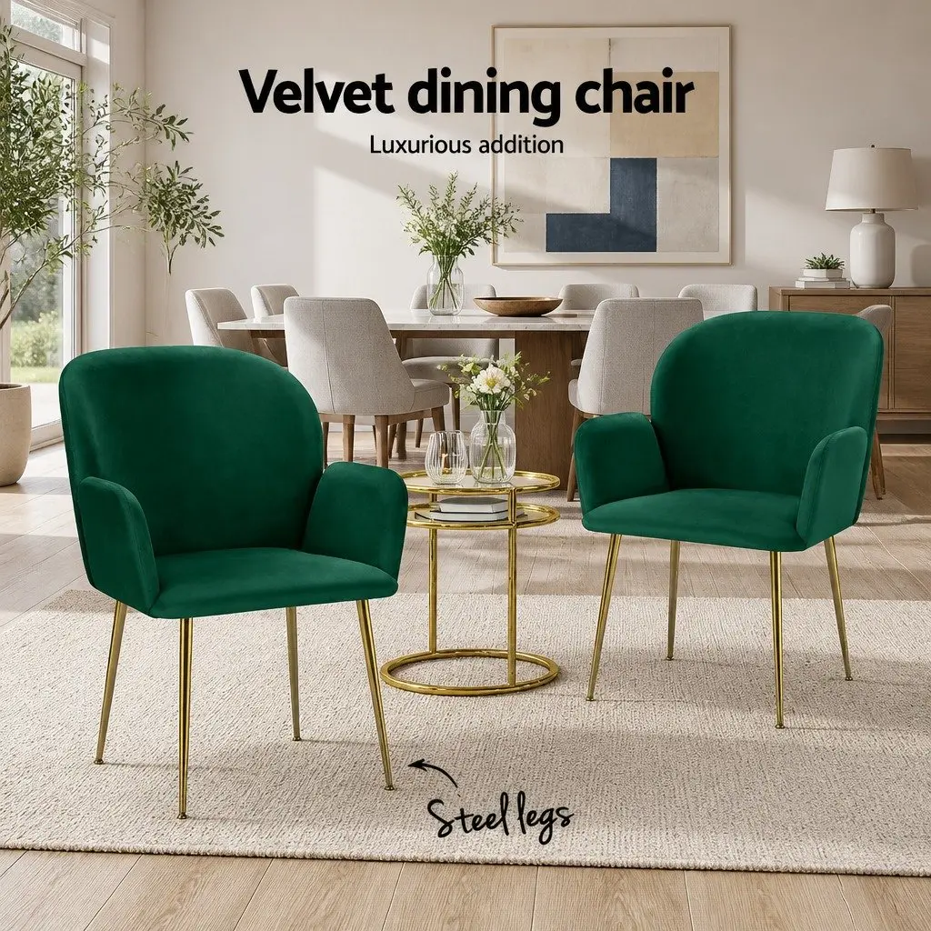 Dining Chairs Velvet Armchair Green Cushioned Back Support Steel Legs 2 Piece