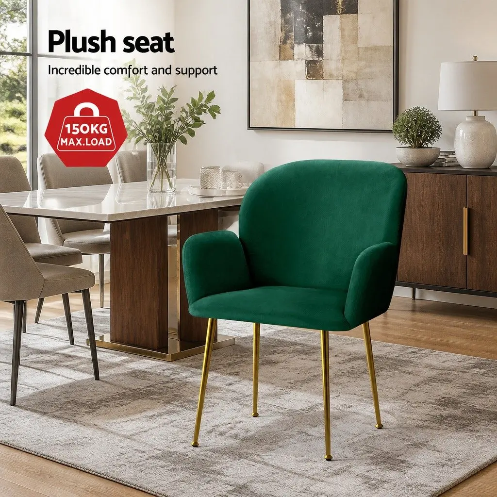 Dining Chairs Velvet Armchair Green Cushioned Back Support Steel Legs 2 Piece