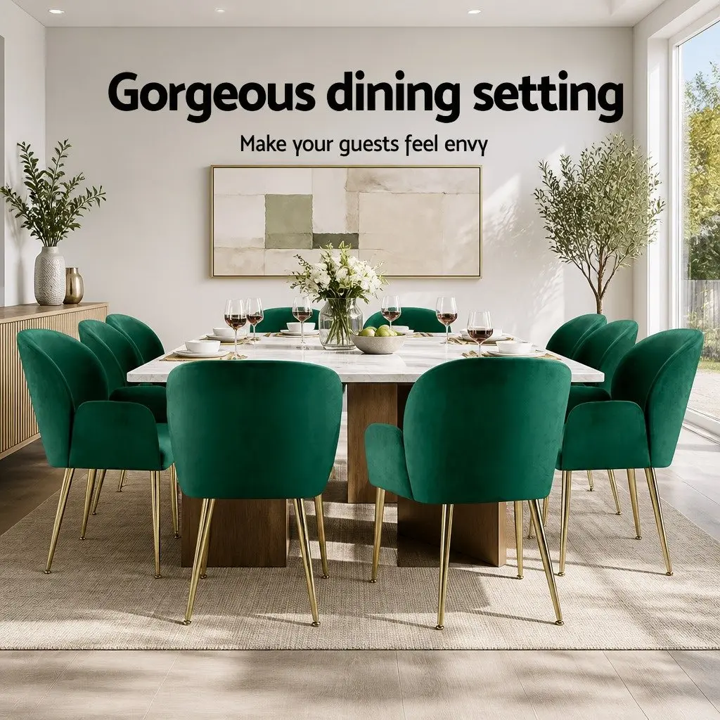 Dining Chairs Velvet Armchair Green Cushioned Back Support Steel Legs 2 Piece