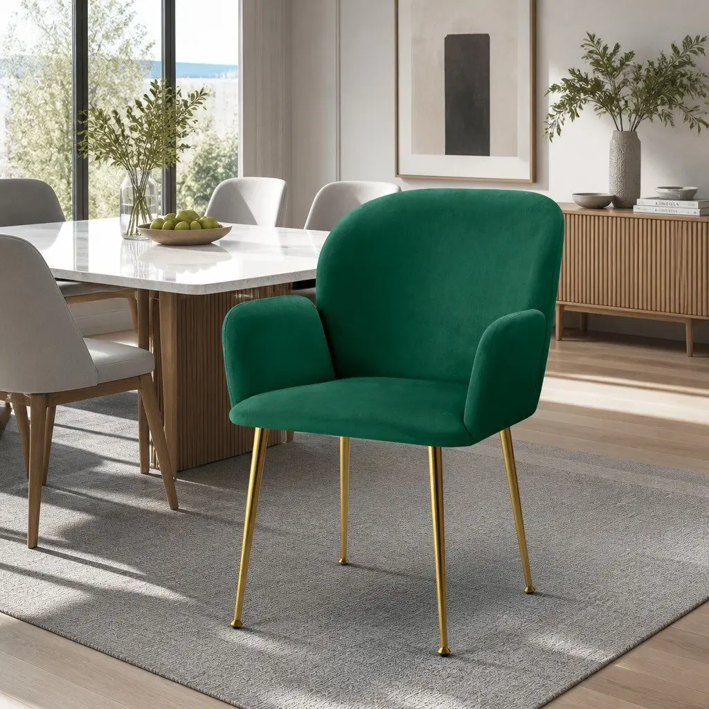 Dining Chairs Velvet Armchair Green Cushioned Back Support Steel Legs 2 Piece