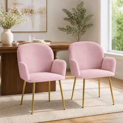 Dining Chairs Set of 2 Velvet Armchair Pink Wood Frame Steel Legs