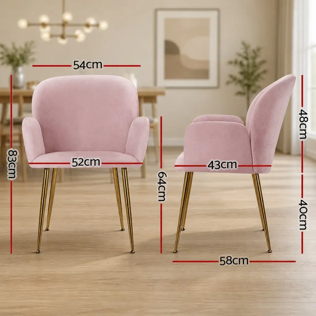 Dining Chairs Velvet Armchair Pink 54cm x 58cm x 83cm Wood Frame Steel Legs