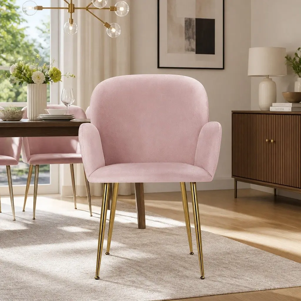 Dining Chairs Velvet Armchair Pink 54cm x 58cm x 83cm Wood Frame Steel Legs