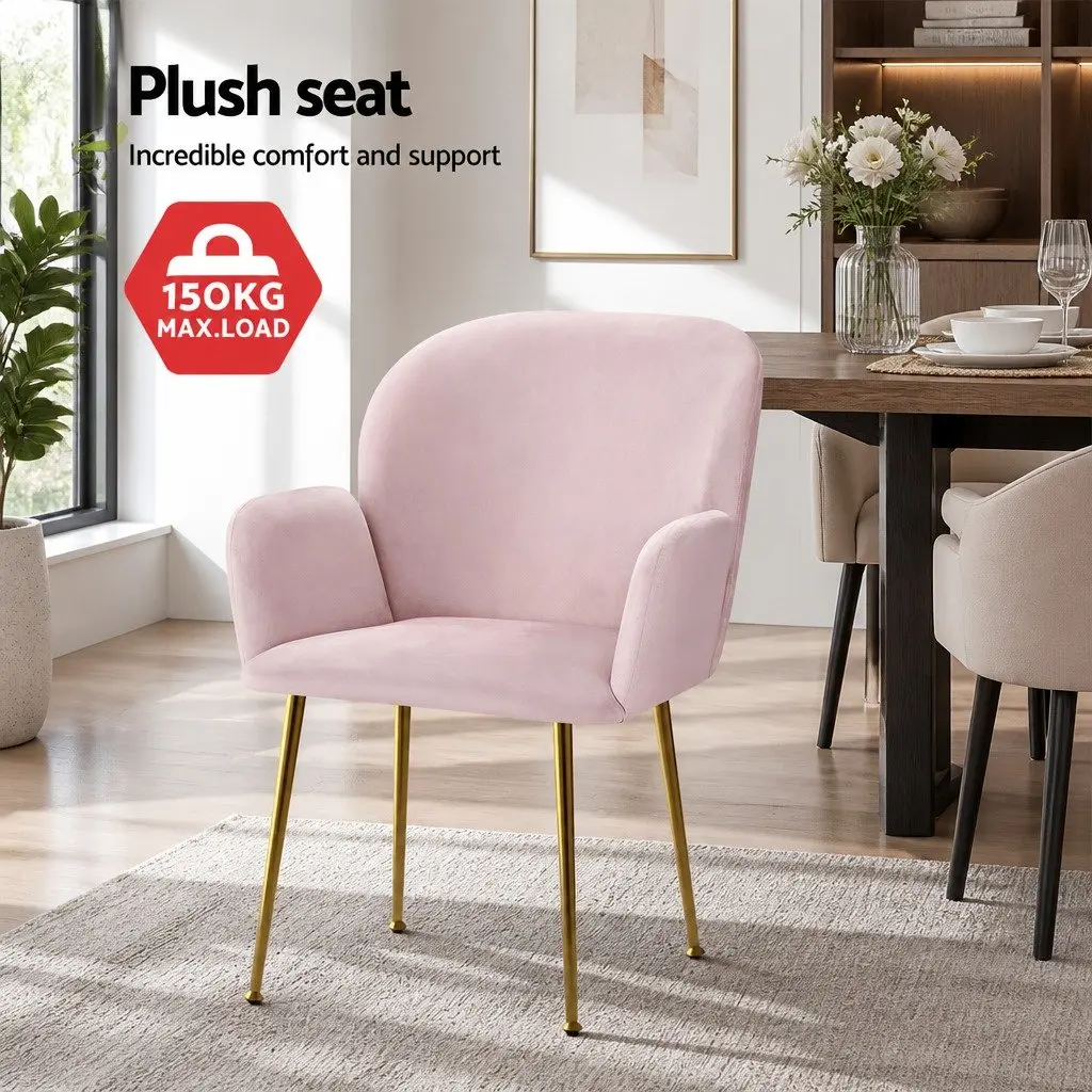 Dining Chairs Velvet Armchair Pink 54cm x 58cm x 83cm Wood Frame Steel Legs