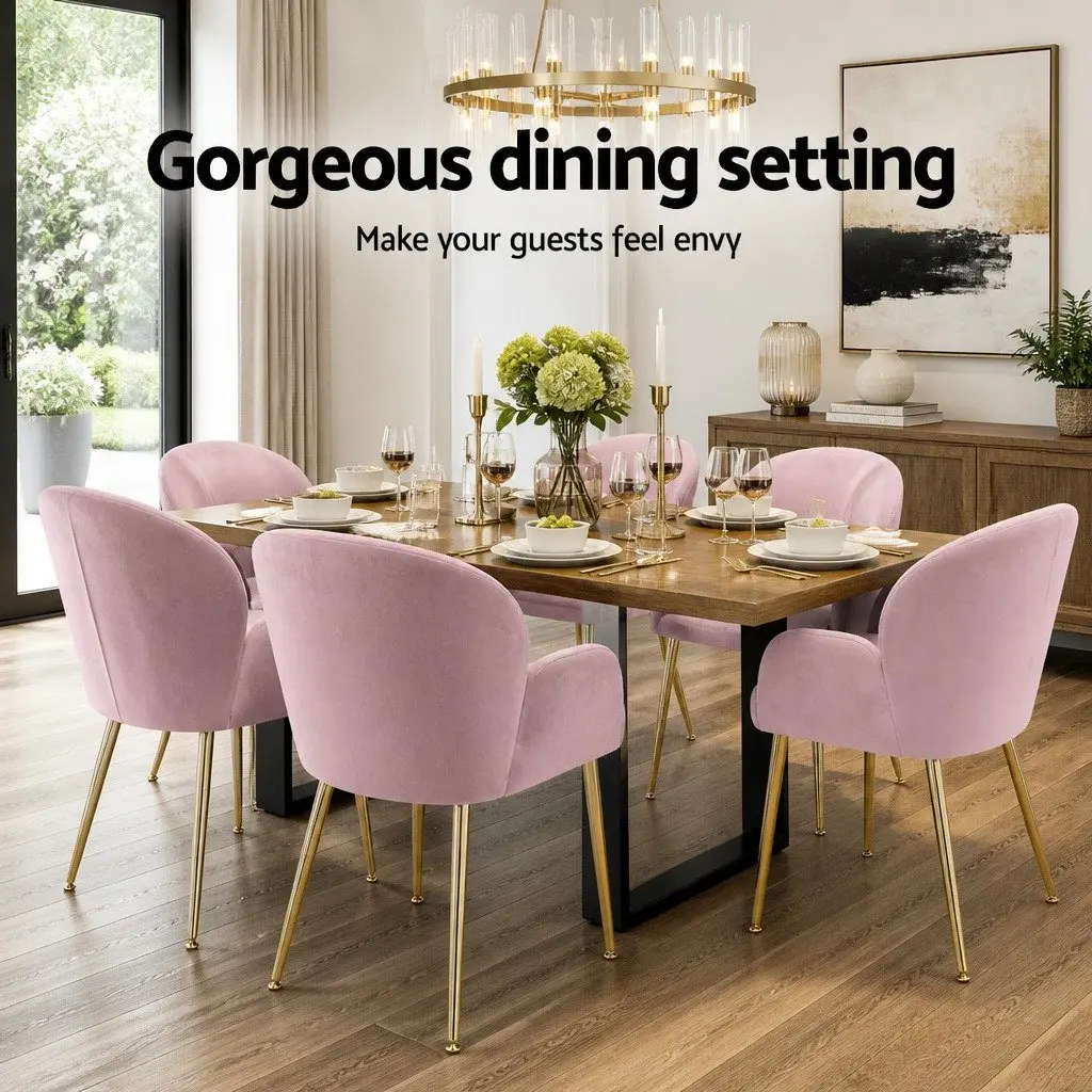 Dining Chairs Velvet Armchair Pink 54cm x 58cm x 83cm Wood Frame Steel Legs