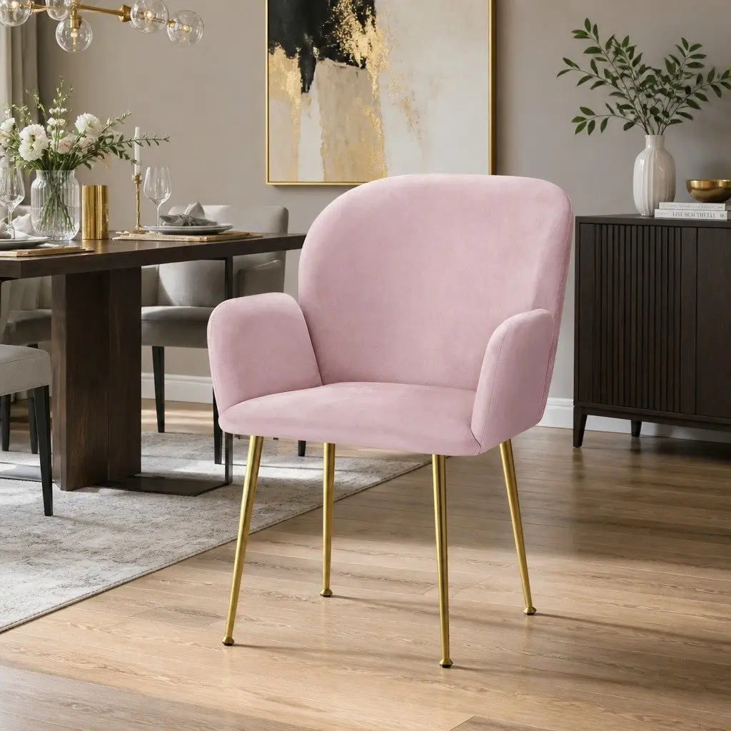 Dining Chairs Velvet Armchair Pink 54cm x 58cm x 83cm Wood Frame Steel Legs