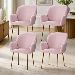 Dining Chairs Set of 4 Velvet Armchair Pink Kitchen Seating with Cushioned Back