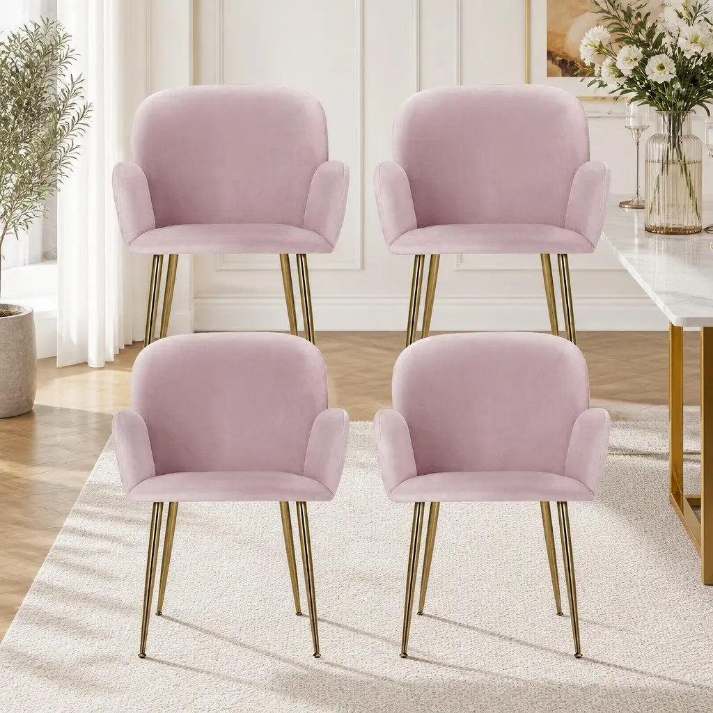 Dining Chairs Velvet Pink Set of 4 Kitchen Armchair with Cushioned Back