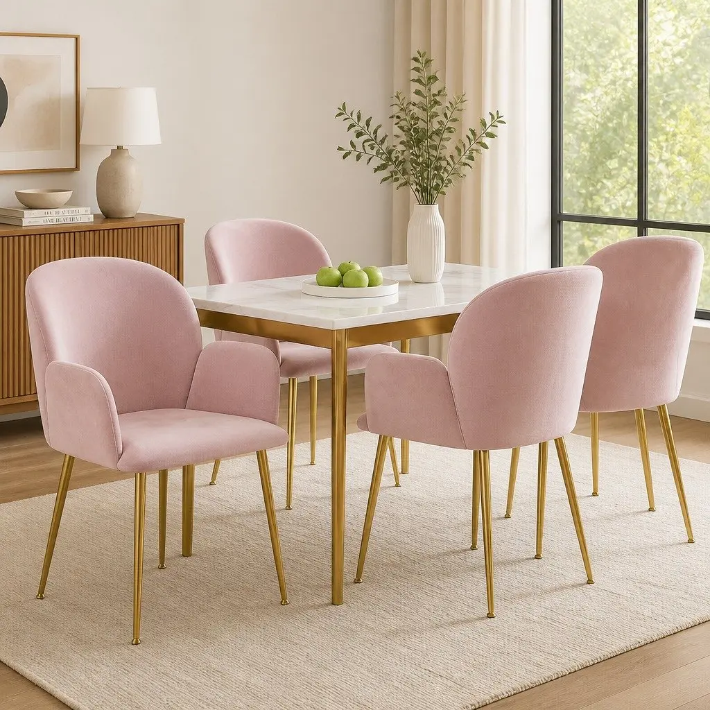 Dining Chairs Velvet Pink Set of 4 Kitchen Armchair with Cushioned Back