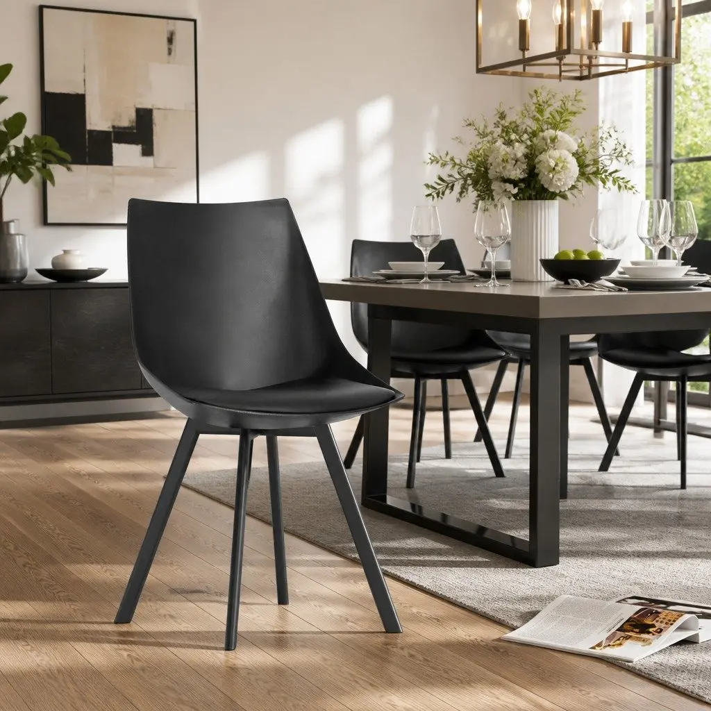 Dining Chairs Modern Black Cushioned Seat Back Support Steel Legs 2 Piece