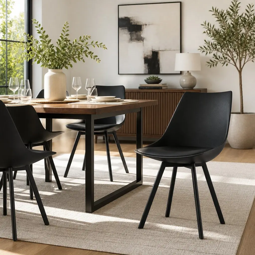 Dining Chairs Modern Black Cushioned Seat Back Support Steel Legs 2 Piece