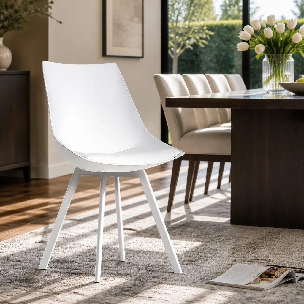 Dining Chairs Modern White PP Plastic Cushioned Back Support Steel Legs Set of 2