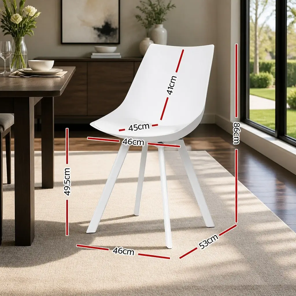 Dining Chairs Modern White PP Plastic Cushioned Back Support Steel Legs Set of 2