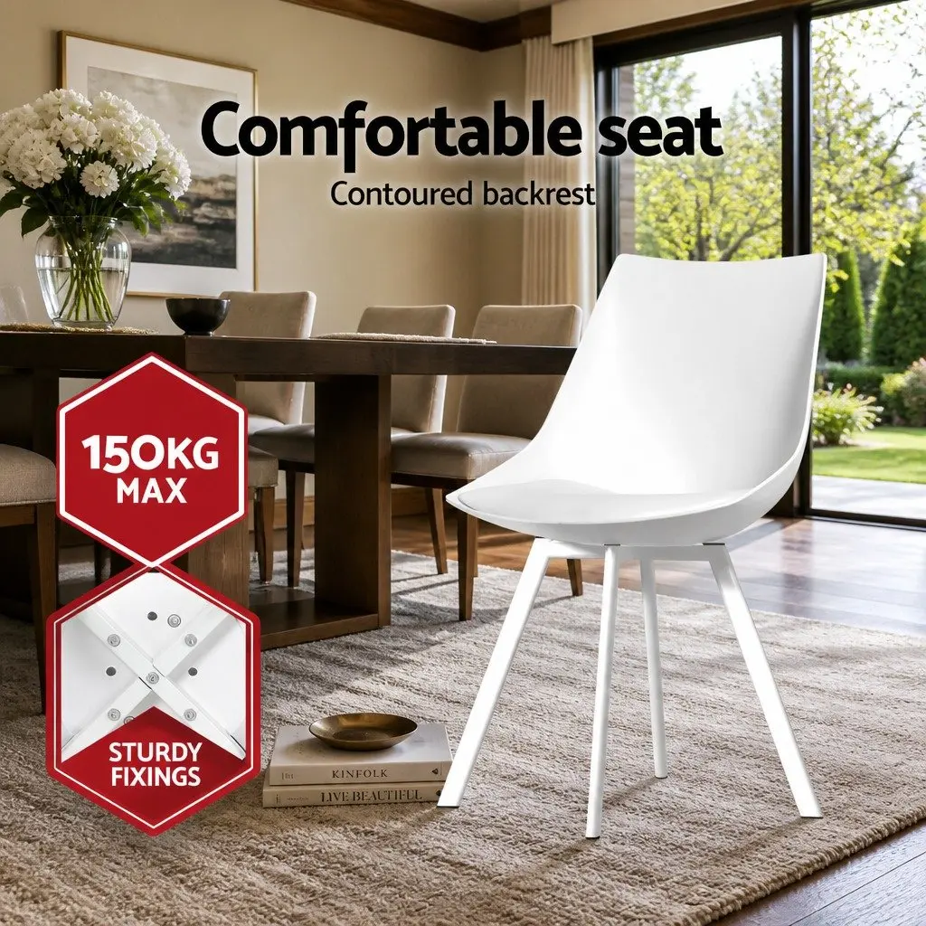 Dining Chairs Modern White PP Plastic Cushioned Back Support Steel Legs Set of 2
