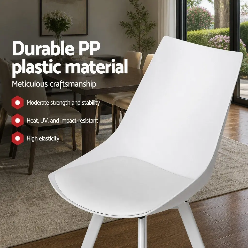 Dining Chairs Modern White PP Plastic Cushioned Back Support Steel Legs Set of 2